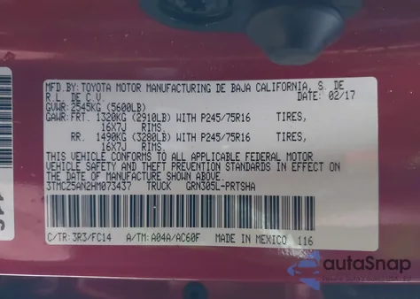 2017 Toyota Tacoma Sr5 V6 z USA, uszkodzony, nr VIN 3TMCZ5AN2HM073437